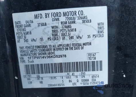 2006 Ford F-150 Fx4/Lariat/Xlt from USA, damaged, VIN 1FTPW14V36KD52978